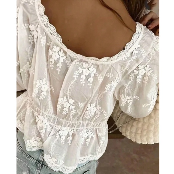 Boho White Semi Sheer Lace Button Down Embroidered Floral Top - Picture 2 of 9